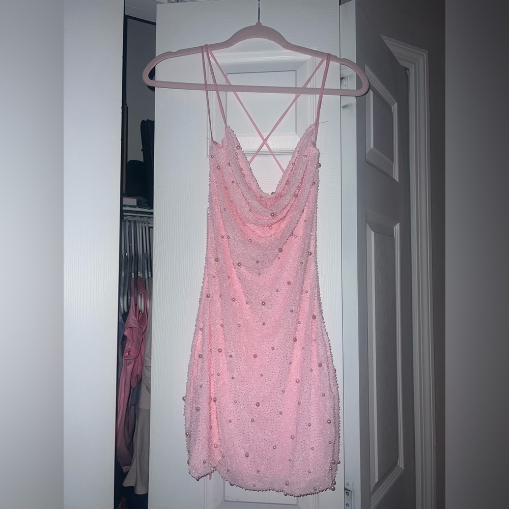 Pink embellished hoco dress!